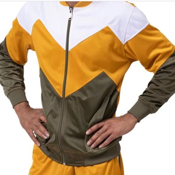 MEN'S MONTIQUE GOLD/ OLIVE 2 PIECE SPORT TRACK SUIT CHEVRON DESIGN. JS-29 - Picture 2 of 2